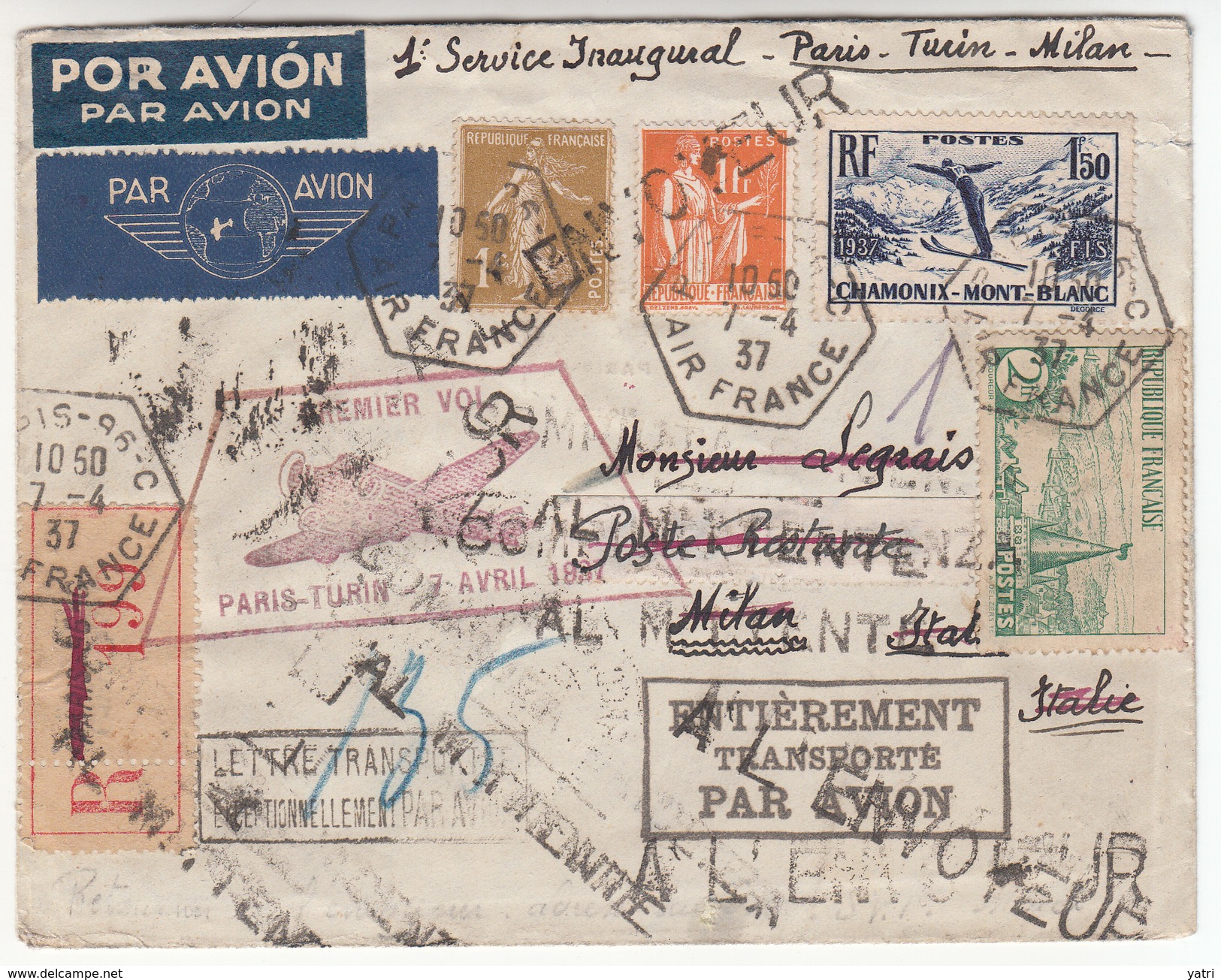 Avio Linee Italiane - Primo Volo Parigi - Torino (Milano) 7.4.1937 - Interessante RTS - Marcophilie (Avions)