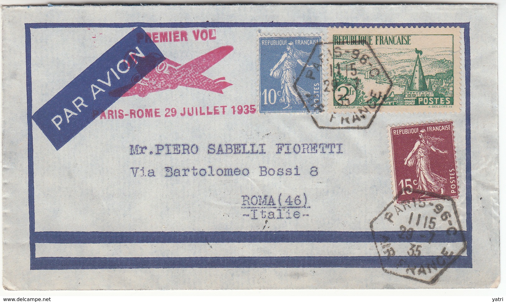 Volo Congiunto Ala Littoria / Air France - Primo Volo Parigi - Marsiglia - Roma  29.7.1935 - Marcophilie (Avions)