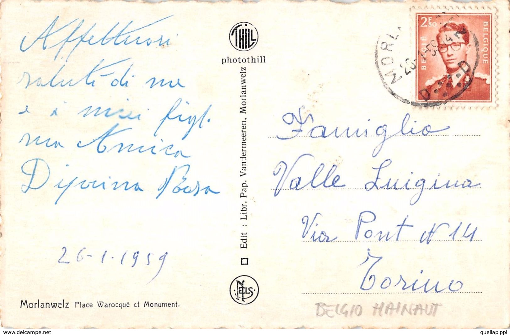 06751 "BELGIO - HAINAUT - MORLANWELZ - PLACE WAROCQUE ET MONUMENT" AUTO, DISTRIBUTORE. CART SPED 1959 - Morlanwelz
