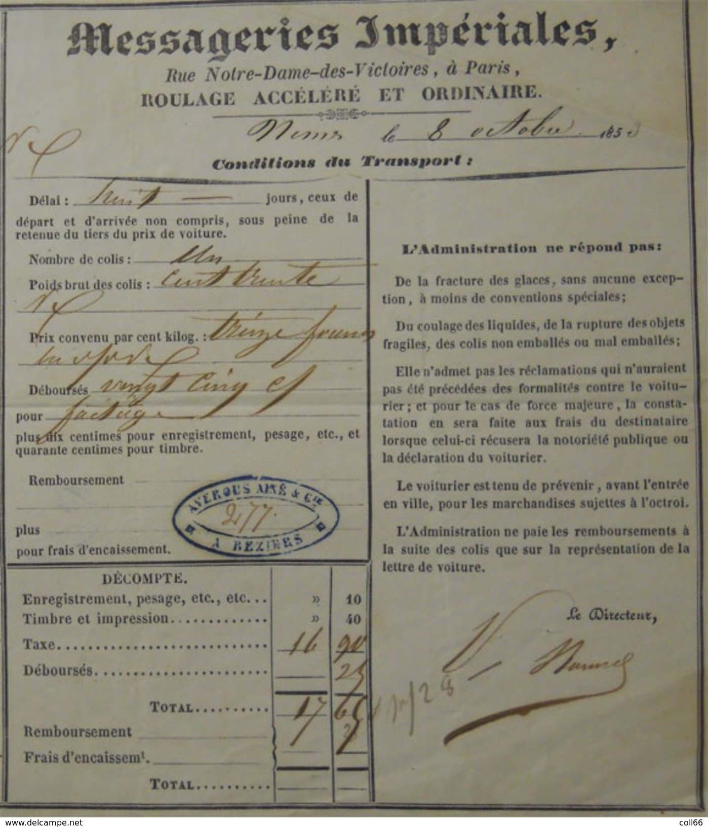 1853 Roulage Messageries Imperiales à Paris Caisse Quincaillerie Pour Le Perthus 66 Voir Cachets Fiscal Au Dos - Transport