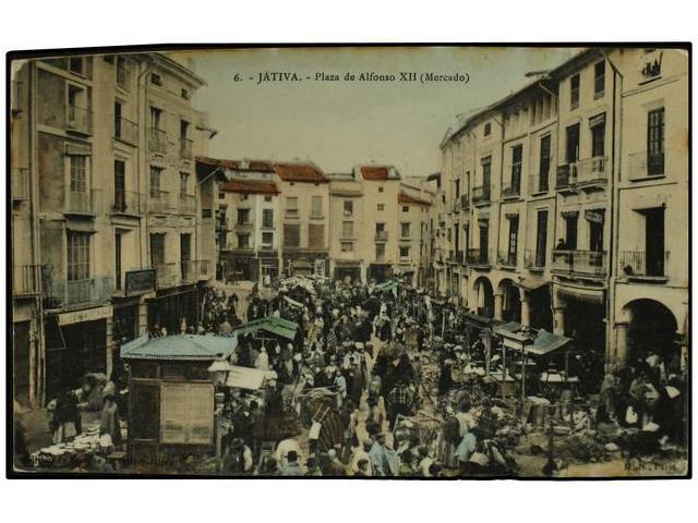 3327 ESPAÑA. VALENCIA. JATIVA. MERCADOS. Mercado En La Plaza De Alfonso XIII (COLOR 1910 CA.) (B/C). - Sonstige & Ohne Zuordnung