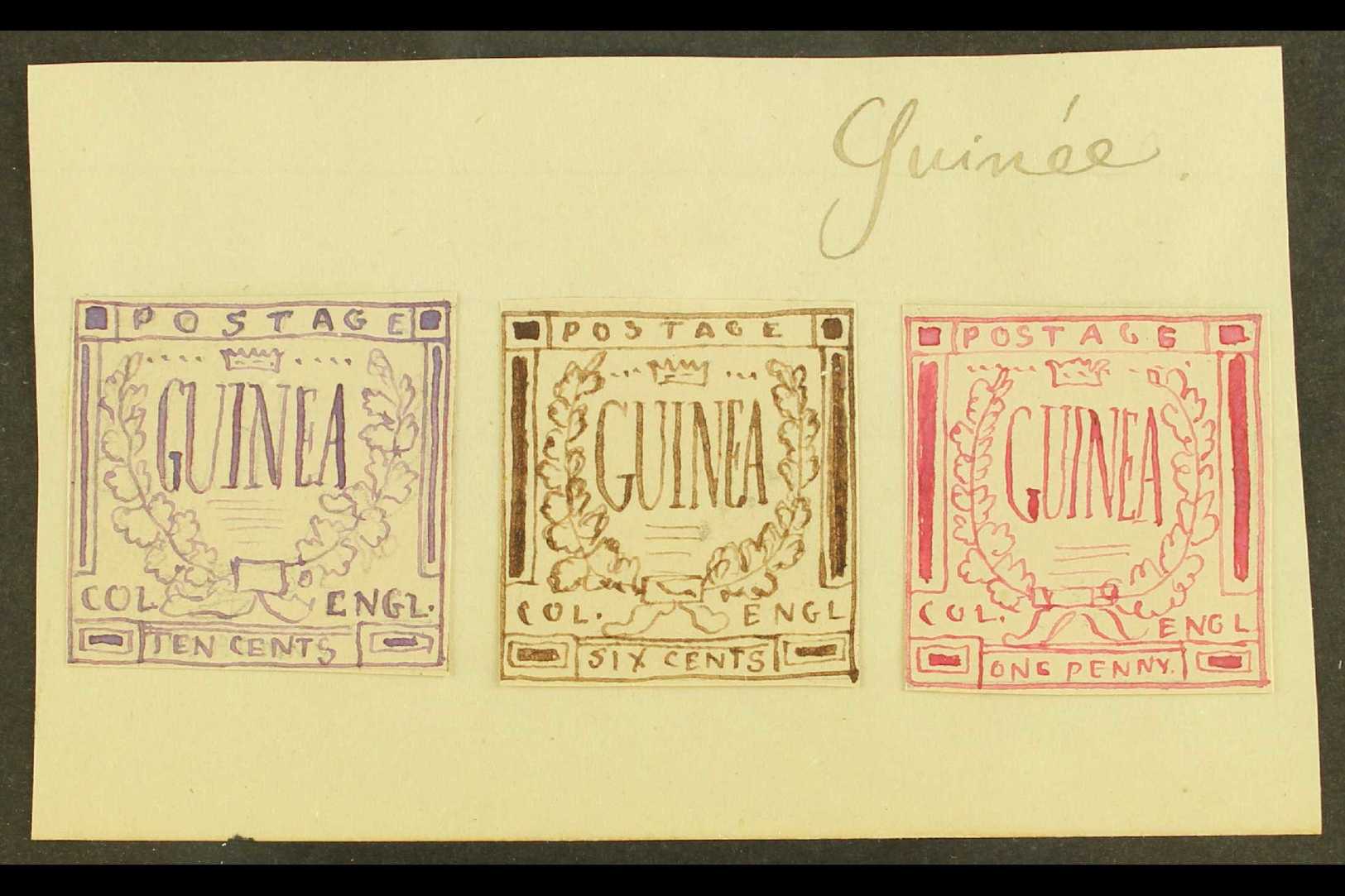 ENGLISH GUINEA ?  A Group Of Three 1861 Hand Painted Stamp Sized Essays Produced In France And Inscribed "GUINEA" In A C - Autres & Non Classés