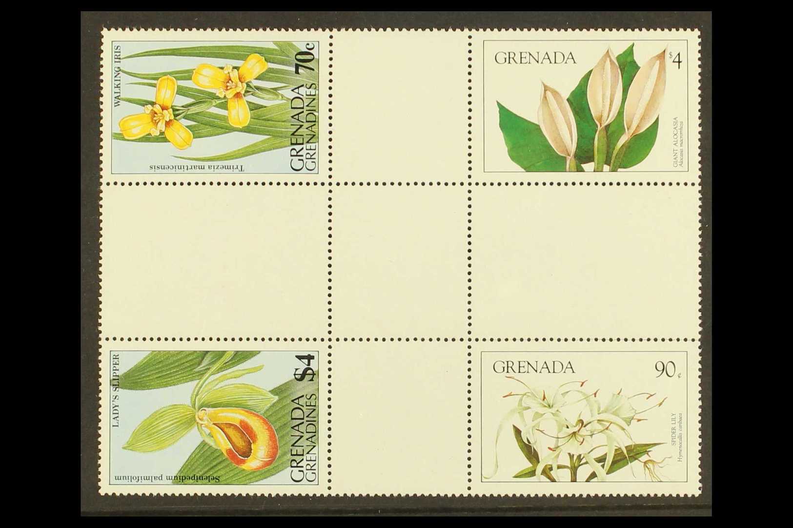 FLOWERS - RARE CROSS GUTTER BLOCK OF FOUR  Grenada 1984 Flowers 90c (Spider Lily) And $4 (Giant Alocosa), SG 1331/1332,  - Sin Clasificación