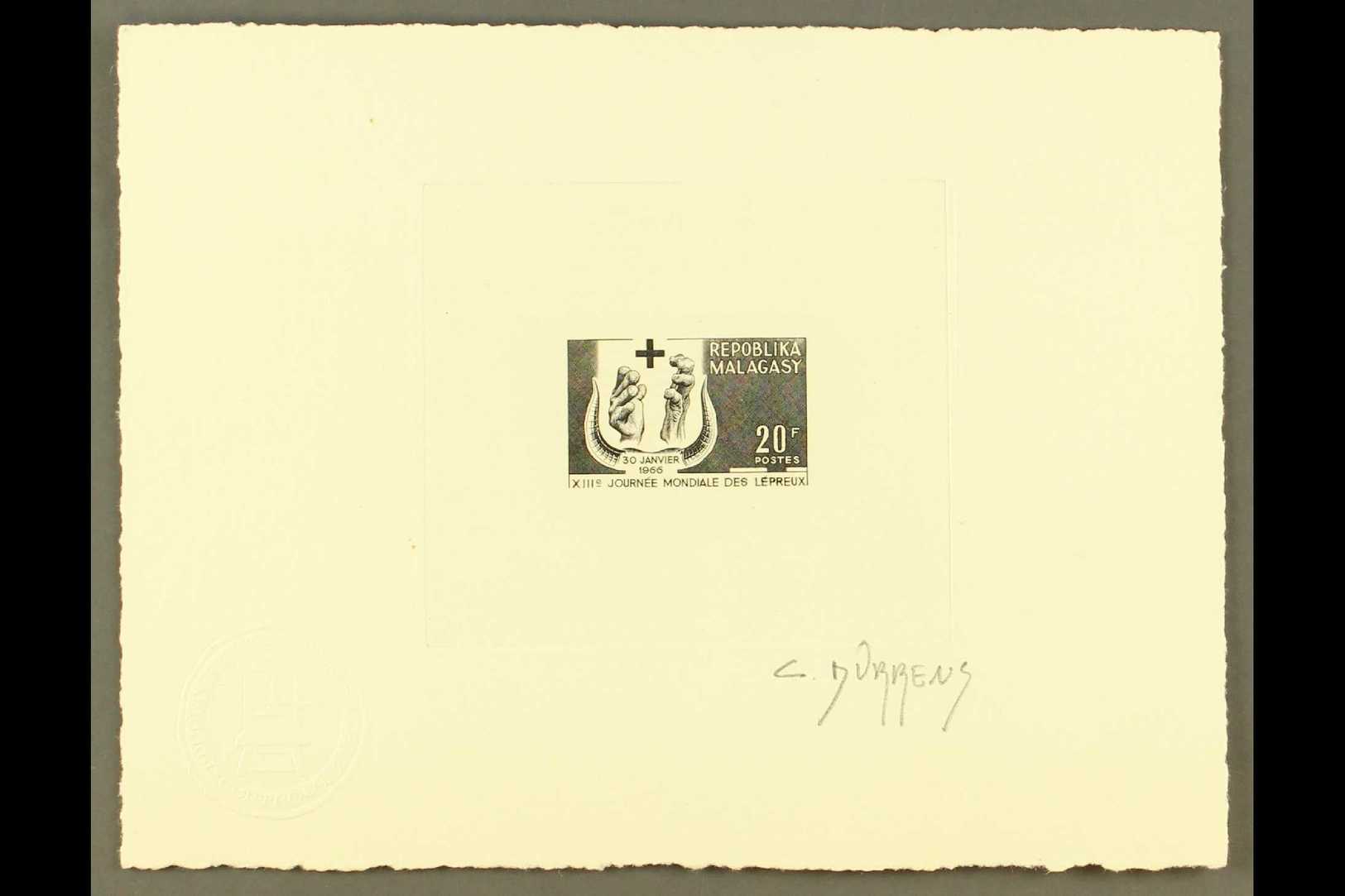 RED CROSS  MADAGASCAR 1966 20f 13th World Leprosy Day, Postage Issue, ARTIST SIGNED PROOF In Black, As Yvert 418, Clean  - Non Classés