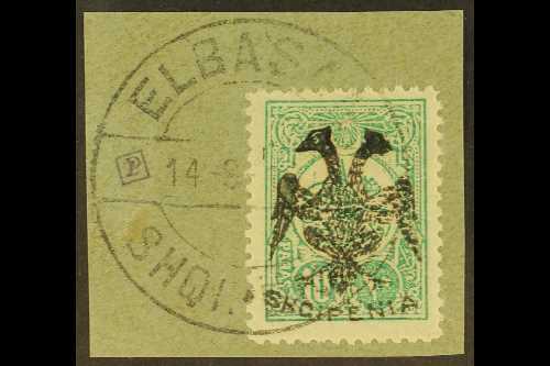 1913  10pa Green Perf 12 With "Eagle" Local Handstamp (Michel 5, SG 5), Very Fine Used On Piece Tied By Full "Elbasan" C - Albania
