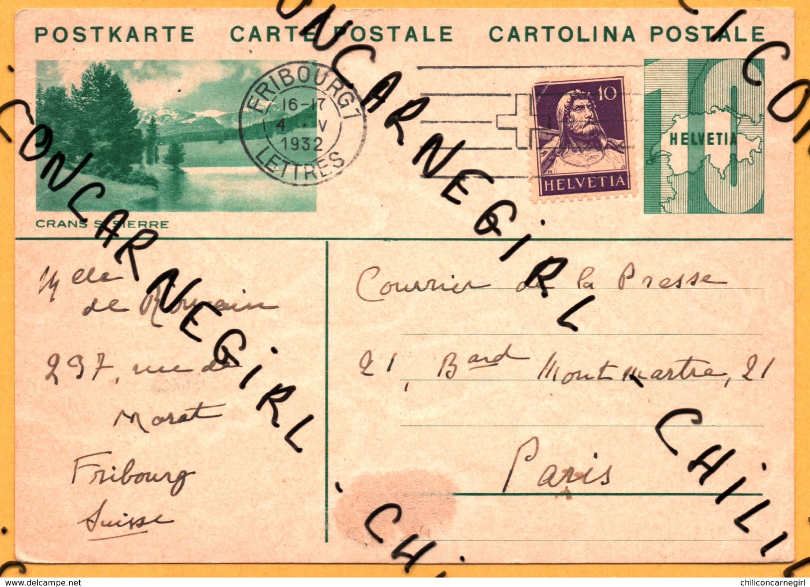 Entier Postal - Crans S. Sierre - Fribourg 7 Lettres - Avec Complément Timbre 10 Helvetia - 1932 - Vers Paris - Entiers Postaux