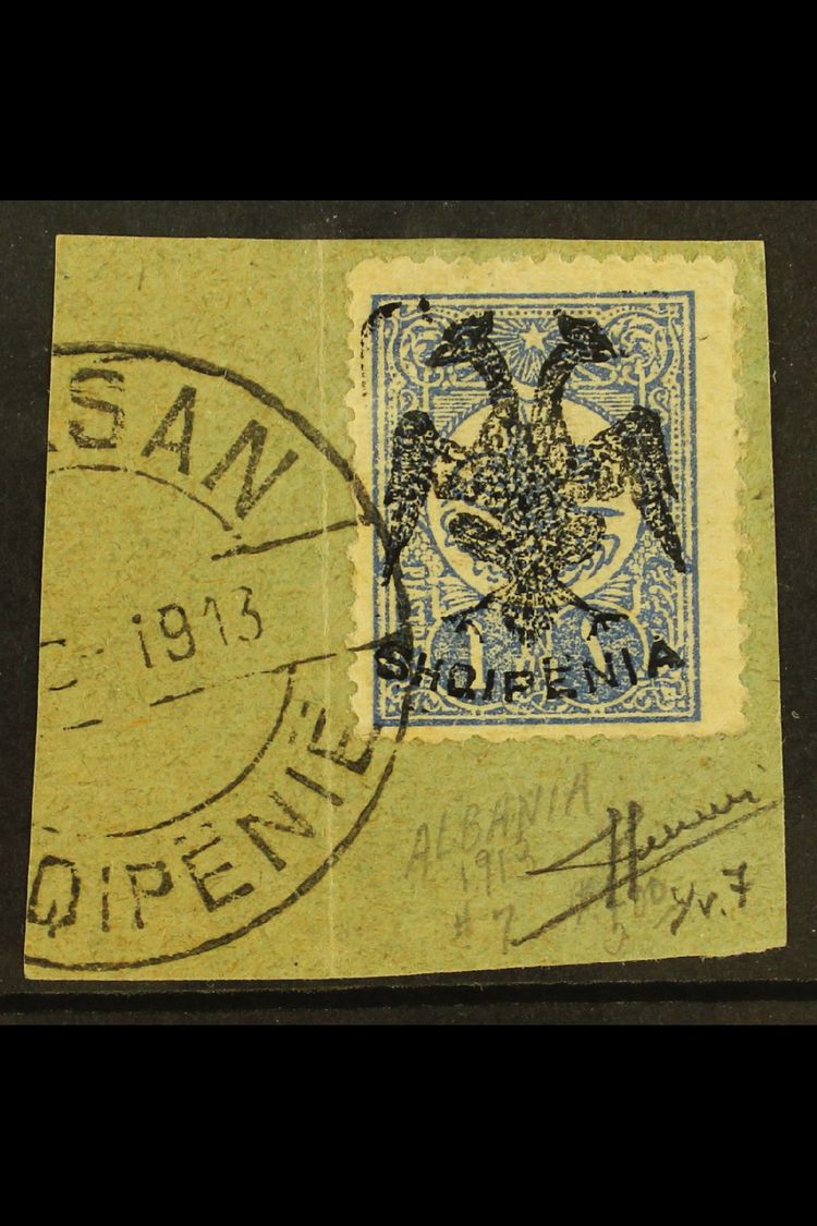 1913  1pi Ultramarine 'Double Eagle' Overprint (Michel 7, SG 7), Very Fine Used On Piece Tied By "Elbasan" Cds Cancel, E - Albania