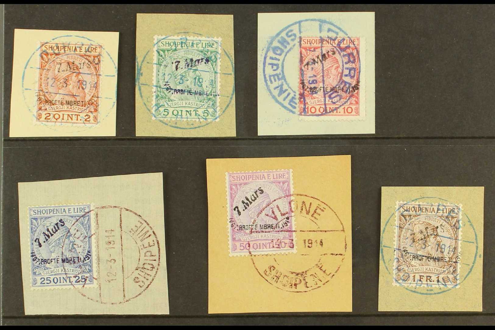 1914 "ON PIECE" SET  Arrival Of Prince Handstamps Complete Set (SG 33/38, Michel 35/40), Very Fine Used On Pieces Tied B - Albanie