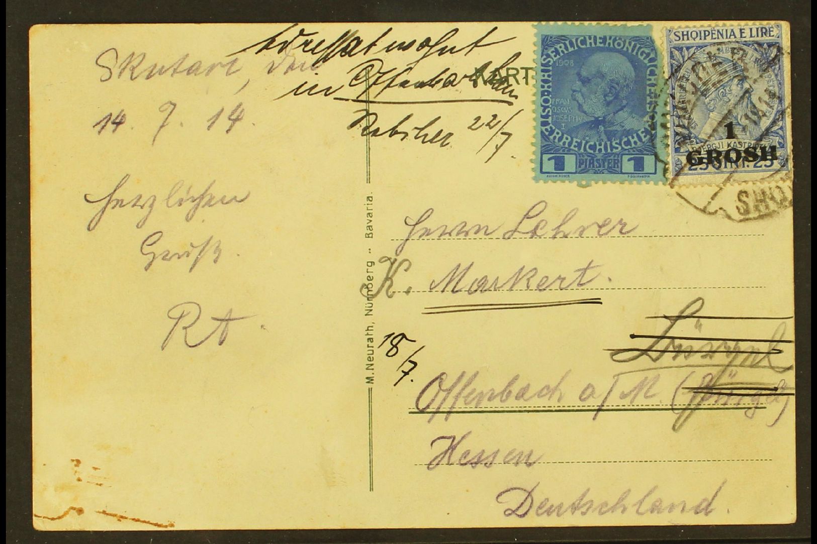 1914 MIXED FRANKING.  (17 July) Picture Postcard To Germany, Redirected, Bearing Austrian PO's In Turkey 1914 1pi Stamp  - Albanie