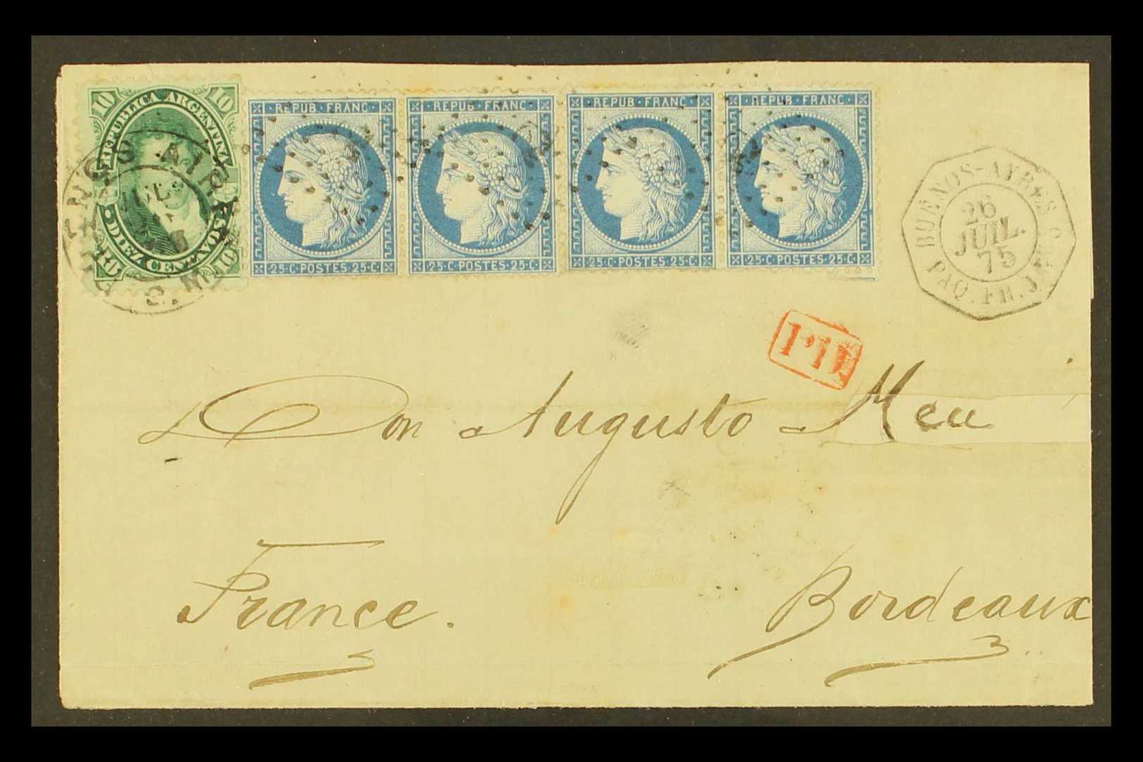 1875 MIXED FRANKING OF ARGENTINA AND FRANCE.  1875 (26 July) Wrapper With Modified Flaps & Partially Repaired Address Li - Autres & Non Classés