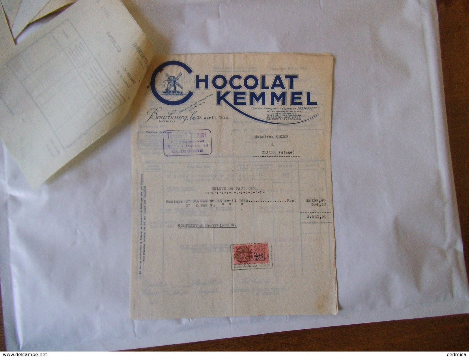 BOURBOURG CHOCOLAT KEMMEL FACTURES DU 13 AVRIL 1942 ET RELEVE DE FACTURES DU 13 AVRIL 1942 - 1900 – 1949