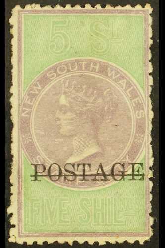 NEW SOUTH WALES  1885-86 5s Lilac And Green Perf 12 X 10, Opt'd "POSTAGE" In Black, SG 238b, Mint Good Part OG. Very Sca - Other & Unclassified