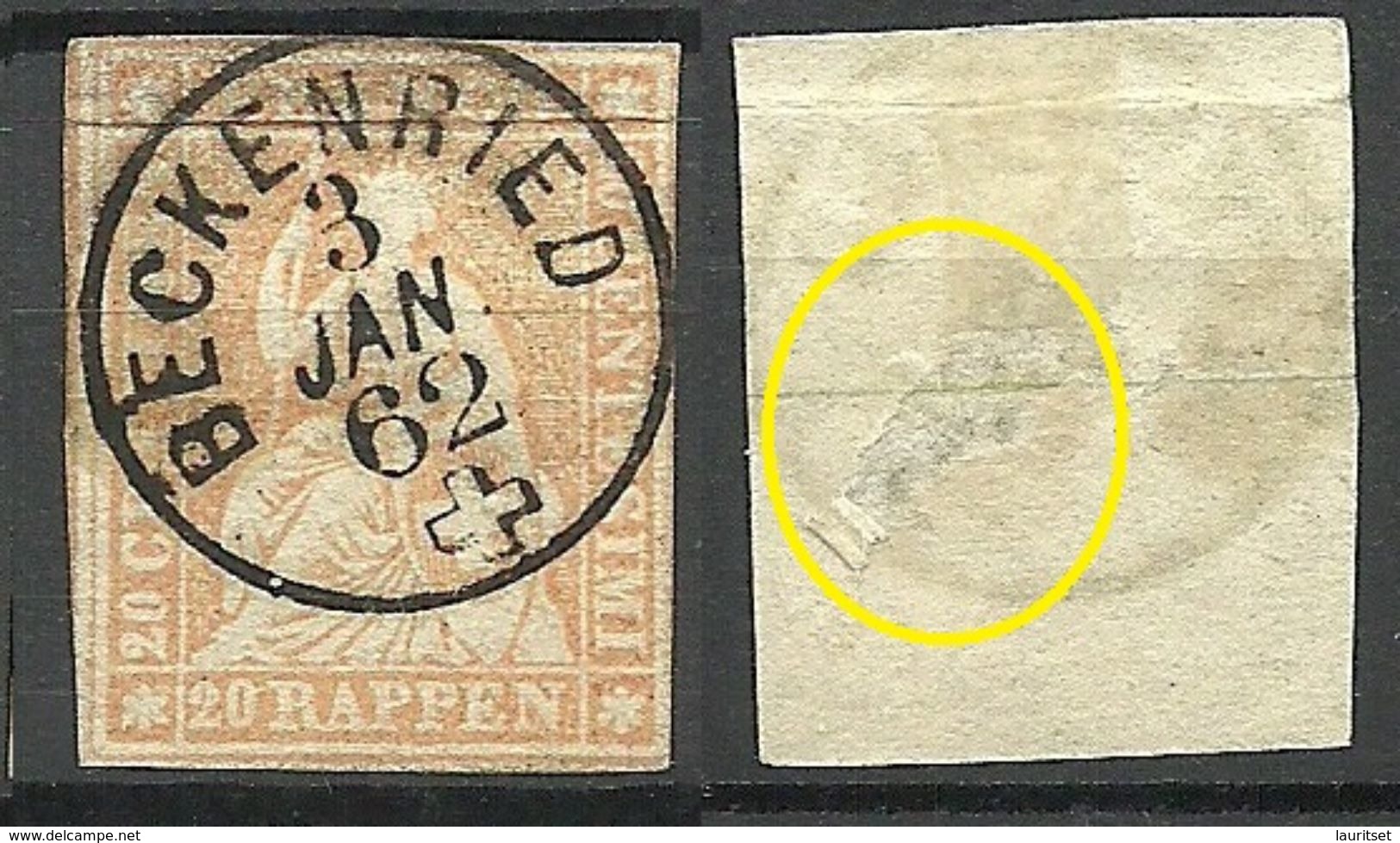 SCHWEIZ Switzerland 1854 Michel 16 O Gut Gestempelt BECKENRIED NB! Thin Place/Dünne Haftstelle ! - Used Stamps