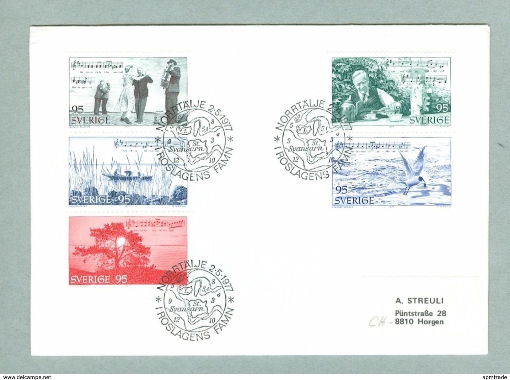 Sweden.  FDC 1977.  Roslagen District.   Engraver CZ Slania. Address:Switzerland - FDC