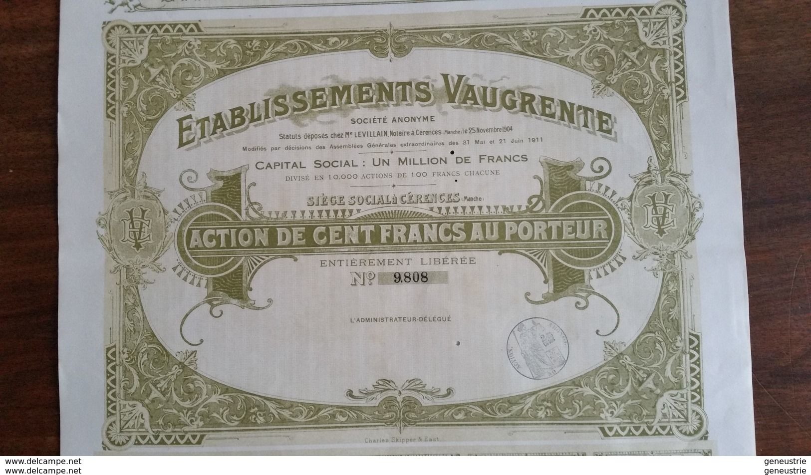 Rare Action De Cent Francs Au Porteur 1911 "Etablissements Vaugrente" Cérences (Oeufs, Beurre, ...)  Manche - Normandie - Agriculture