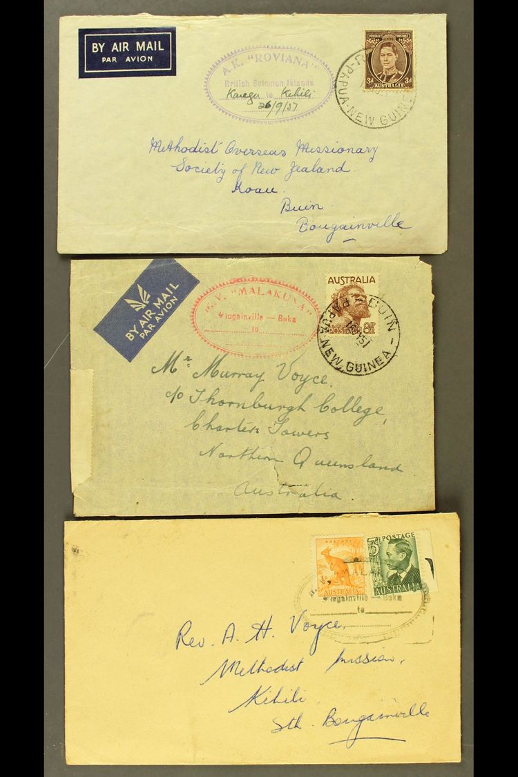 PAPUA NEW GUINEA MARITIME COVERS.  1951-1957 Three Covers Bearing Various Australia KGVI Issues, Oval Violet "A.K. ROVIA - Otros & Sin Clasificación