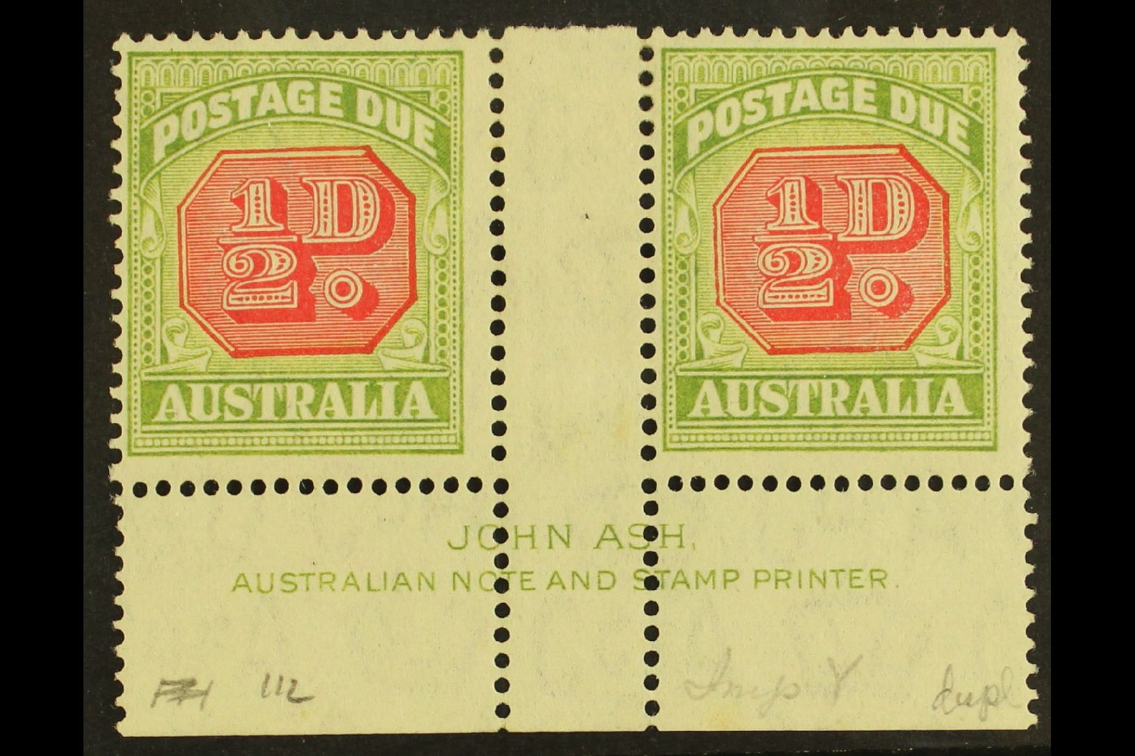POSTAGE DUE  1938 ½d Carmine And Green, SG D112, JOHN ASH Gutter Imprint Pair, Fine Mint. (2 Stamps) For More Images, Pl - Otros & Sin Clasificación