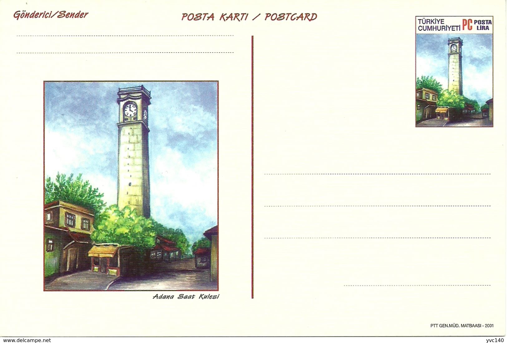 Turkey ; 2001 Postal Stationery "Clock Towers" - Postal Stationery