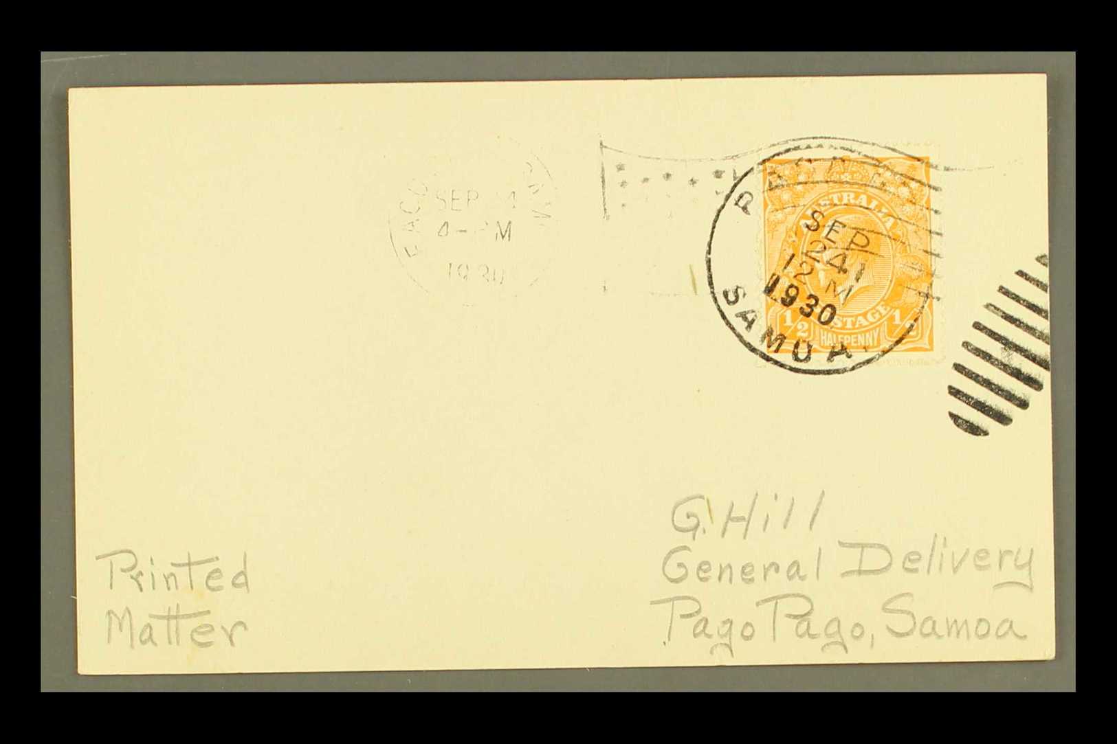 USED IN AMERICAN SAMOA  1930 Plain Postcard Endorsed "Printed Matter," Franked ½d Orange KGV Head, Cancelled Twice By Di - Otros & Sin Clasificación