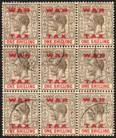 1919  1s Grey-black And Carmine Opt'd "WAR TAX", SG 104, Very Fine Cds Used BLOCK OF NINE. A Scarce Multiple Of This Dif - Otros & Sin Clasificación