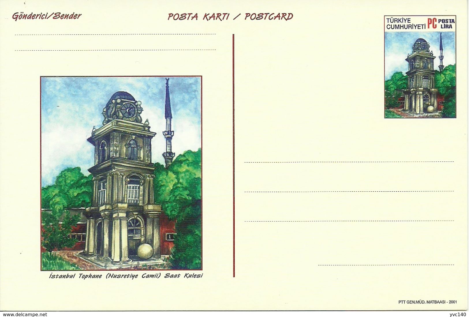 Turkey ; 2001 Postal Stationery "Clock Towers" - Entiers Postaux