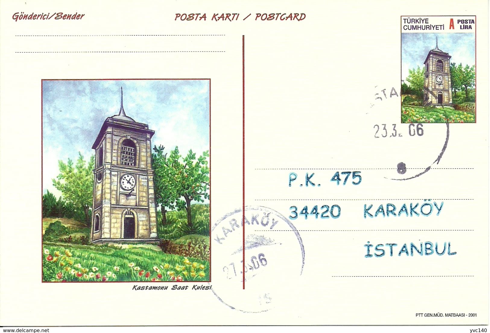 Turkey ; 2001 Postal Stationery "Clock Towers" - Ganzsachen