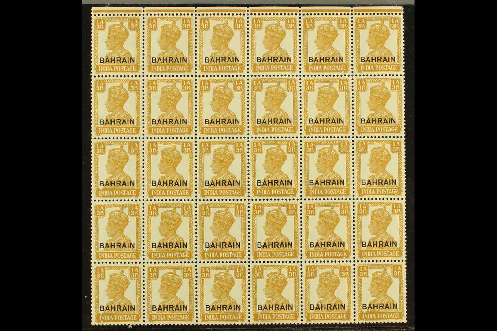 1942-45  1a3p Bistre Overprint, SG 42, Very Fine Never Hinged Mint Marginal BLOCK Of 30 (6x5), Very Fresh. (30 Stamps) F - Bahrain (...-1965)