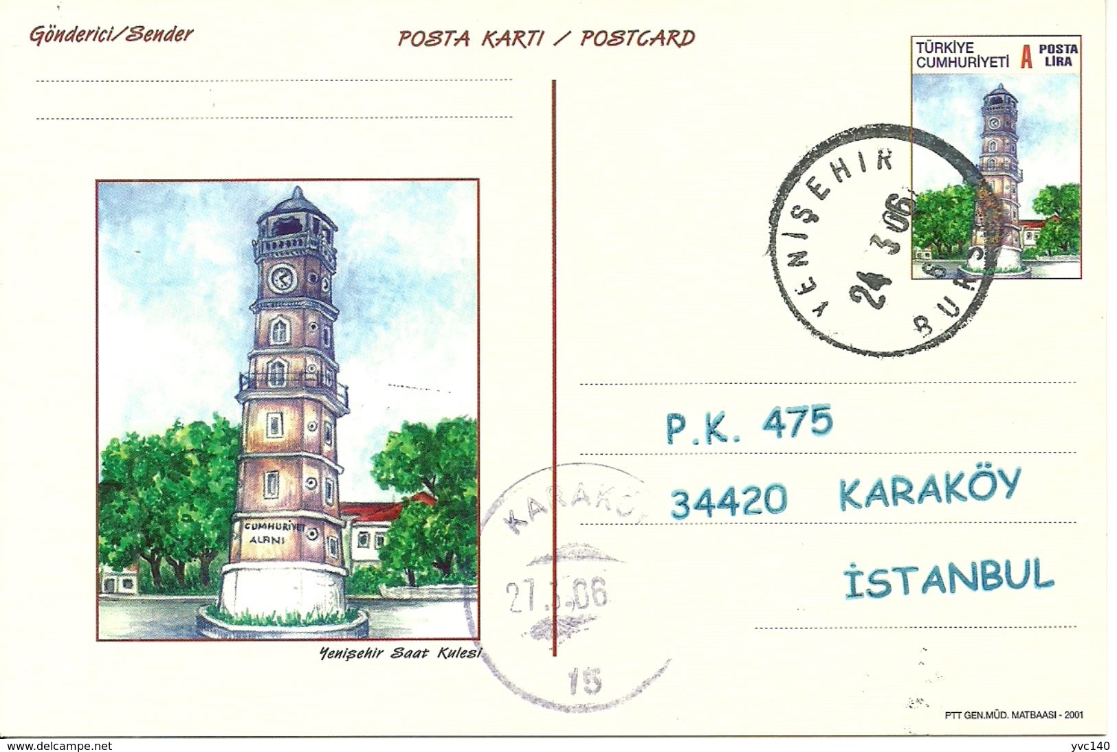 Turkey ; 2001 Postal Stationery "Clock Towers" - Postal Stationery