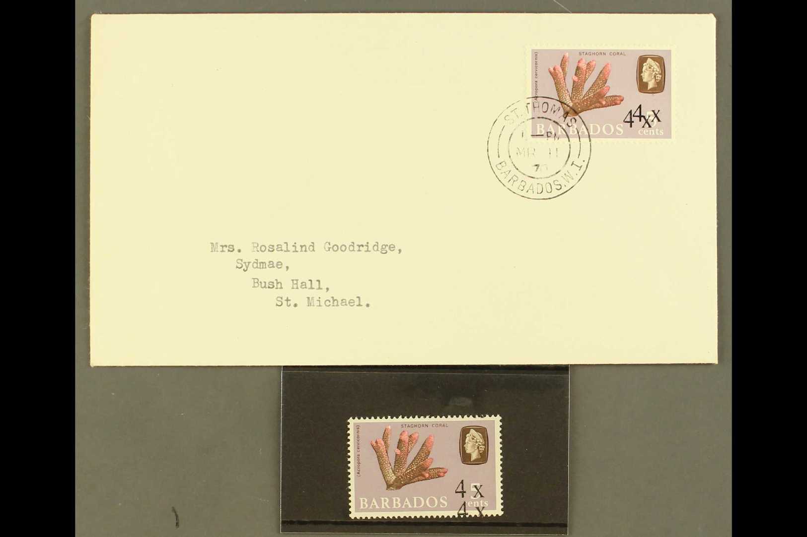 1970  4c On 5c Coral, Surcharge Double, SG 398b, Unmounted Mint And On Neat FDC. (2) For More Images, Please Visit Http: - Barbados (...-1966)