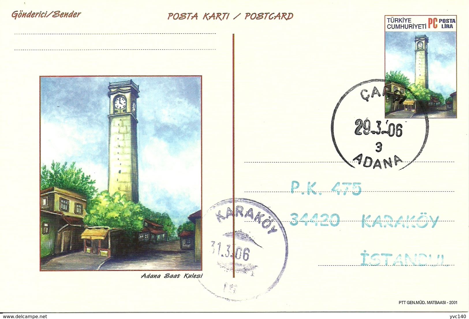 Turkey ; 2001 Postal Stationery "Clock Towers" - Postal Stationery