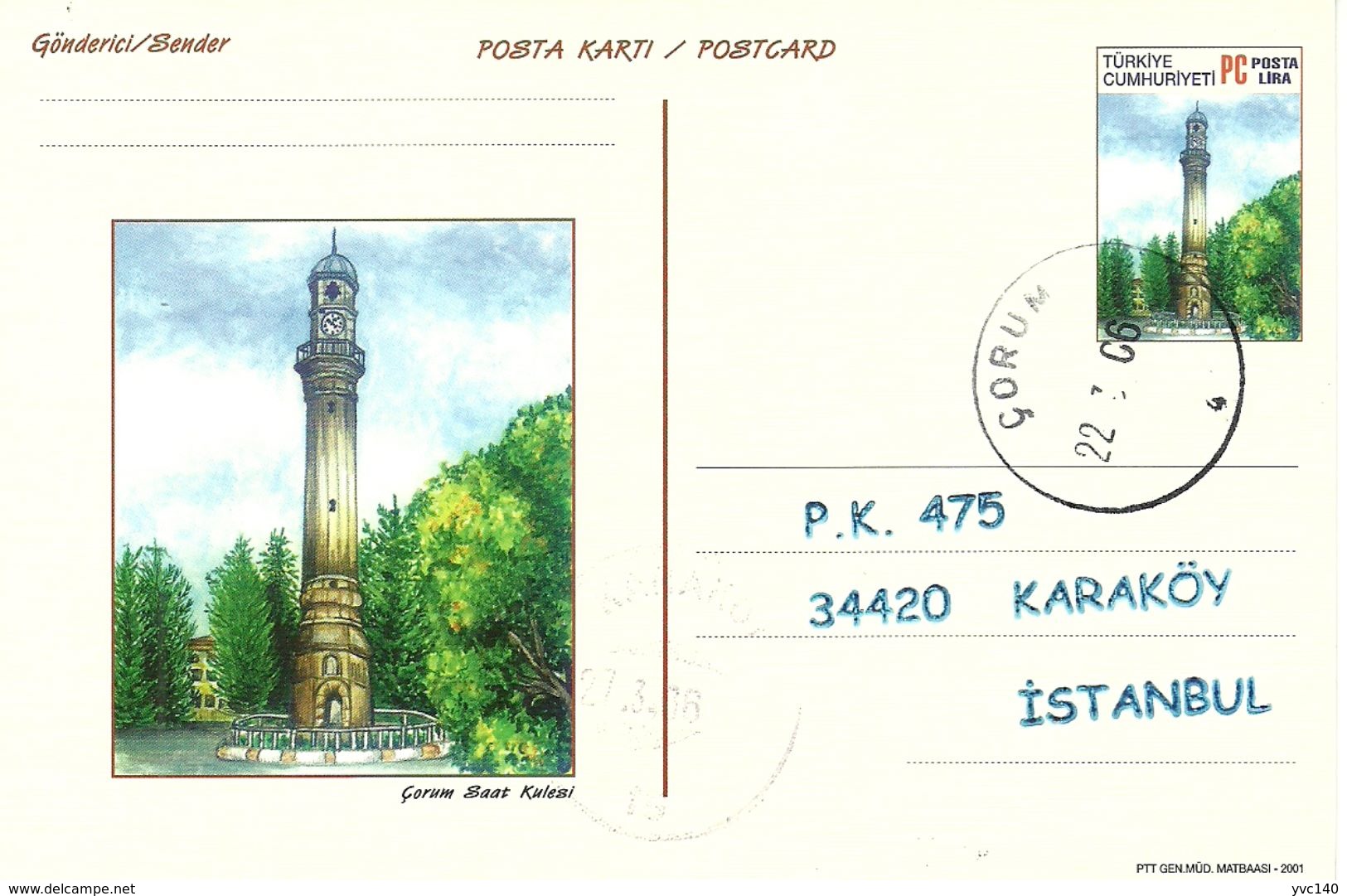 Turkey ; 2001 Postal Stationery "Clock Towers" - Entiers Postaux