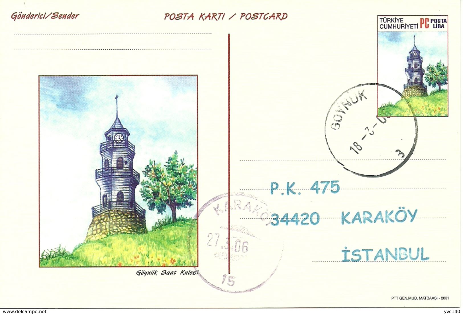 Turkey ; 2001 Postal Stationery "Clock Towers" - Postwaardestukken