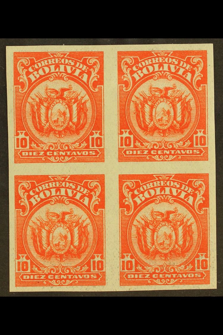 1923-7  10c Vermilion, Coat Of Arms, IMPERFORATE BLOCK OF 4, Scott 131, Never Hinged Mint. For More Images, Please Visit - Bolivia