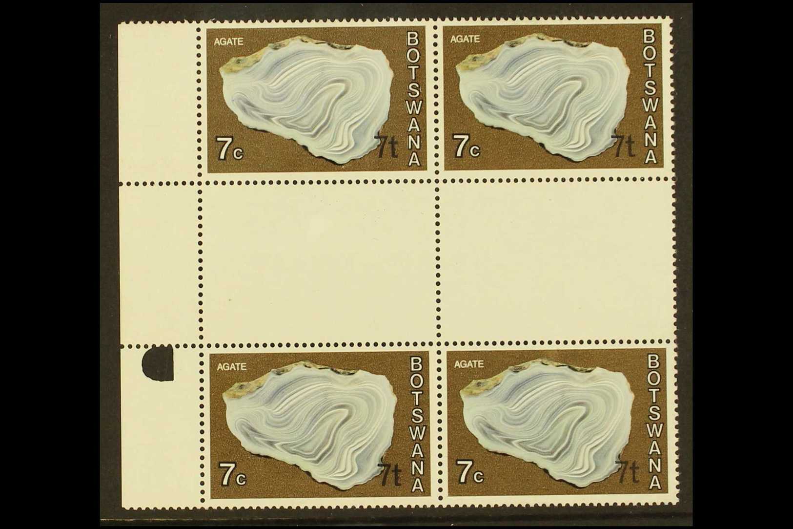 1976-1977 NHM GUTTER BLOCKS  7t On 7c Agate "Minerals" Issue, Surcharged At Bottom Right (seldom Seen), SG 372a, Never H - Botswana (1966-...)