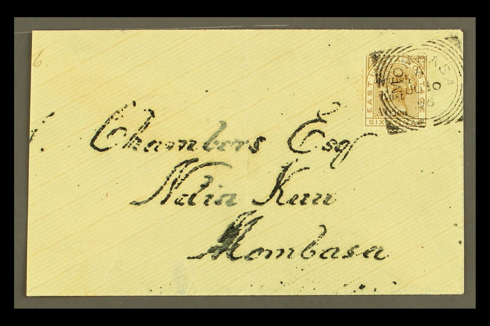 1896  (June) An Attractive "Chambers" Envelope Bearing Overprinted Indian 6a SG 56, Tied By Neat Upright Mombasa Squared - África Oriental Británica