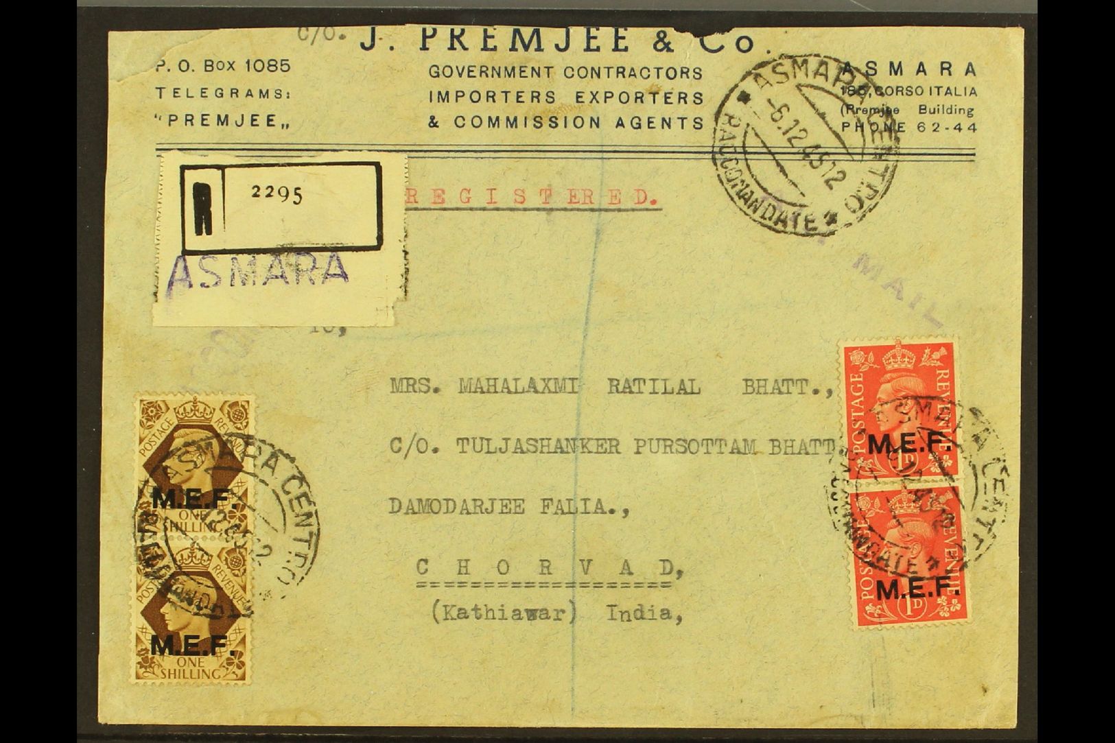 ERITREA  1945 Commercial Reg'd Cover To India, Franked 1d X2, 2½d X4 (on Reverse) And 1s Pair, SG M11, M13 & M18, Asmara - Afrique Orientale Italienne