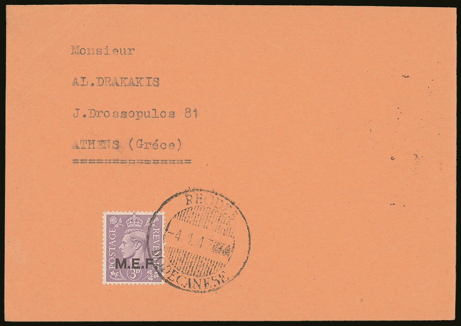 MEF (AEGEAN ISLANDS CARD)  1943-47 3d Pale Violet, Sass 9, Very Fine Used On Card Used To Athens, Tied By RHODES / DODEC - Africa Oriental Italiana