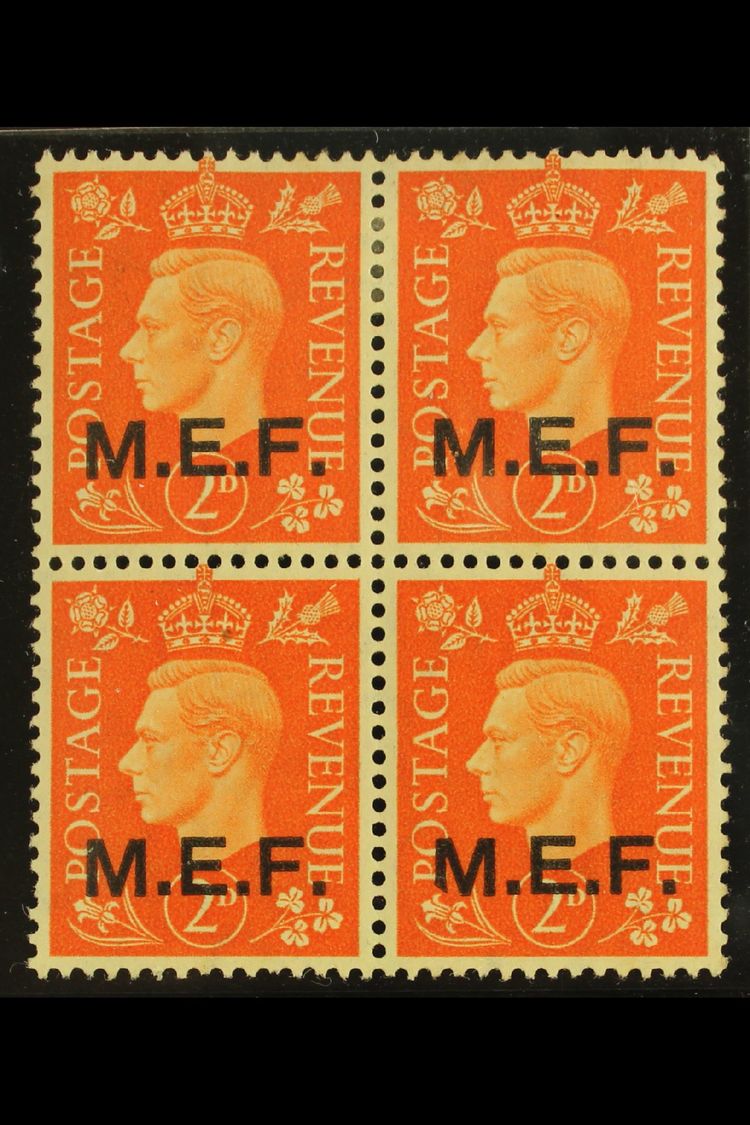 MIDDLE EAST FORCES  1942 2d Orange, SG M2, Very Fine Mint Block Of Four Including Sliced "M" Variety, SG M2a, The Variet - Afrique Orientale Italienne