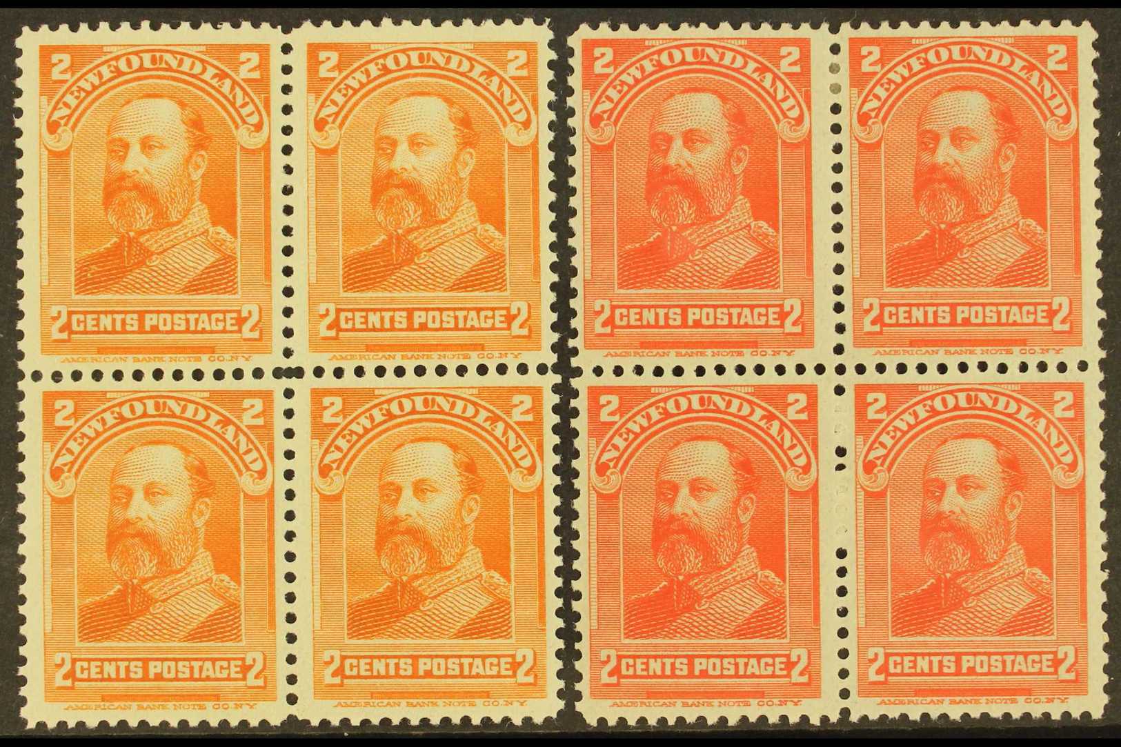 1897-98  King Edward VII 2c Orange, SG 86, Fine Nhm Block Of Four, 2c Scarlet, SG 87, Fine Mint Block Of Four With Two N - Autres & Non Classés