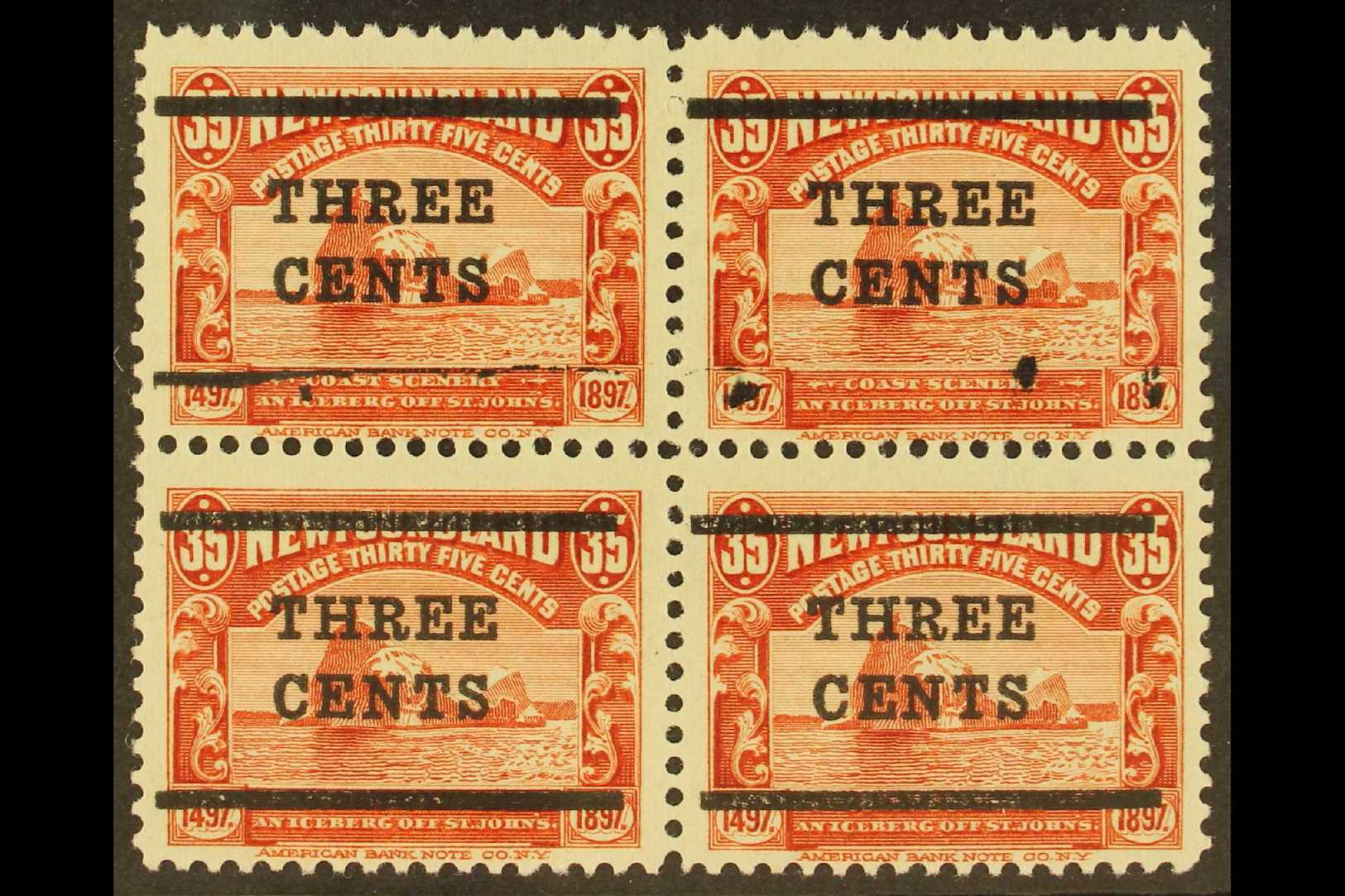 1920  (Sept) 3c On 35c Red, SG 147, Block Of Four With The Upper Pair Showing Most Of One Bar And Part Of One Bar Missin - Otros & Sin Clasificación