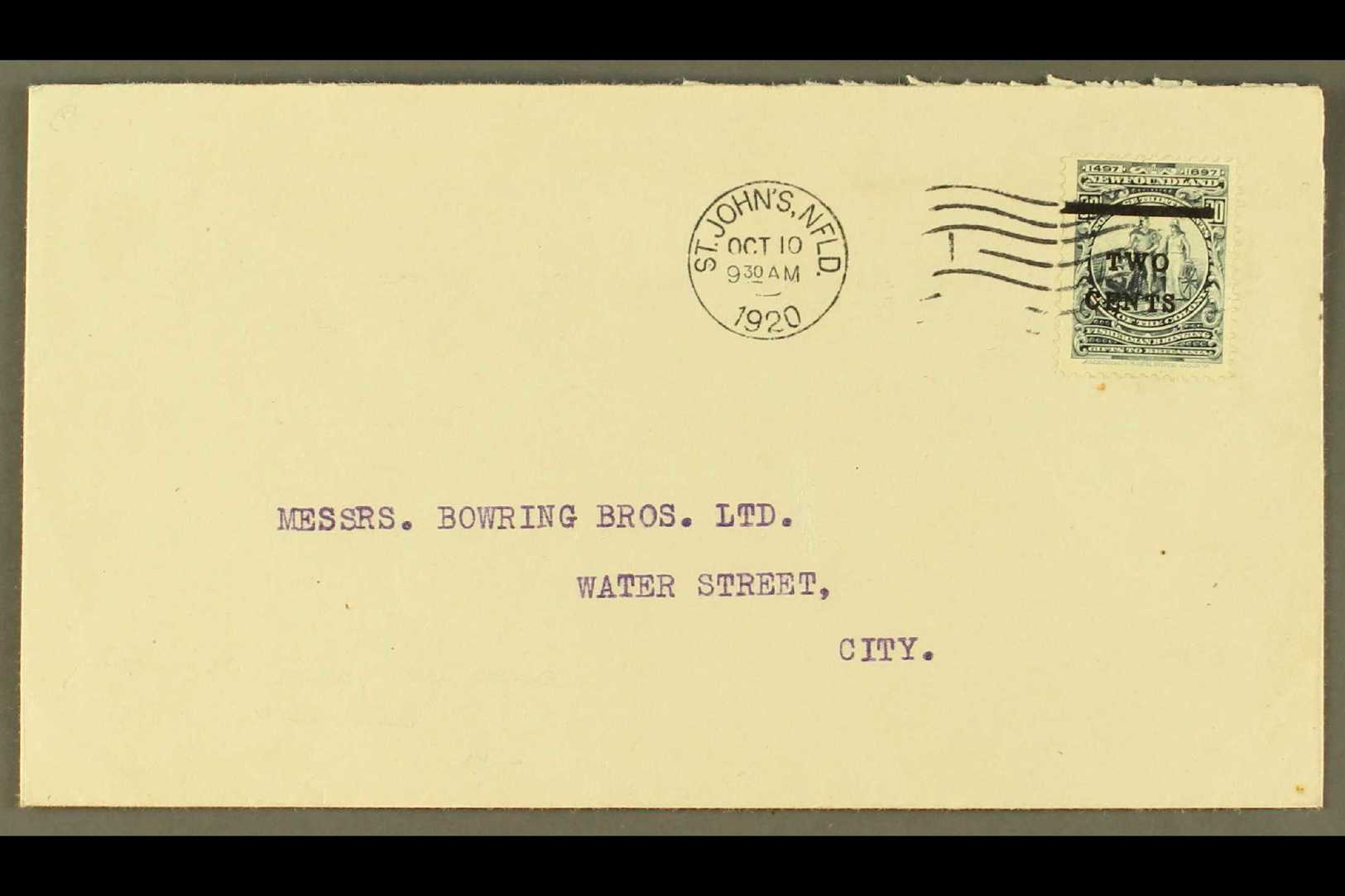 1920  2c On 30c Slate-blue, SG 144, On Neat Local Cover, Tied St John's Machine Cancel, October 1920. For More Images, P - Autres & Non Classés