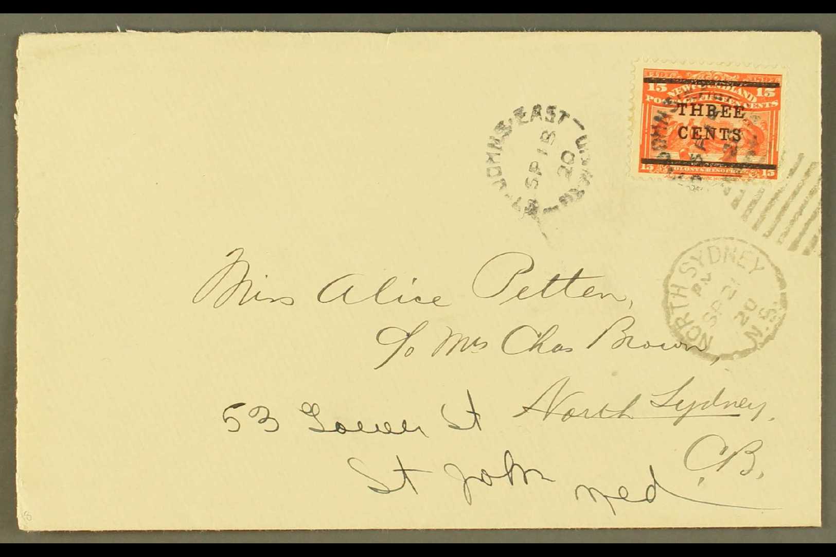 1920  3c On 15c Bright Scarlet, SG 146, On Neat Cover Tied St John's East Sept. 18th 1920 Cds, Sent To North Sydney, Nov - Otros & Sin Clasificación