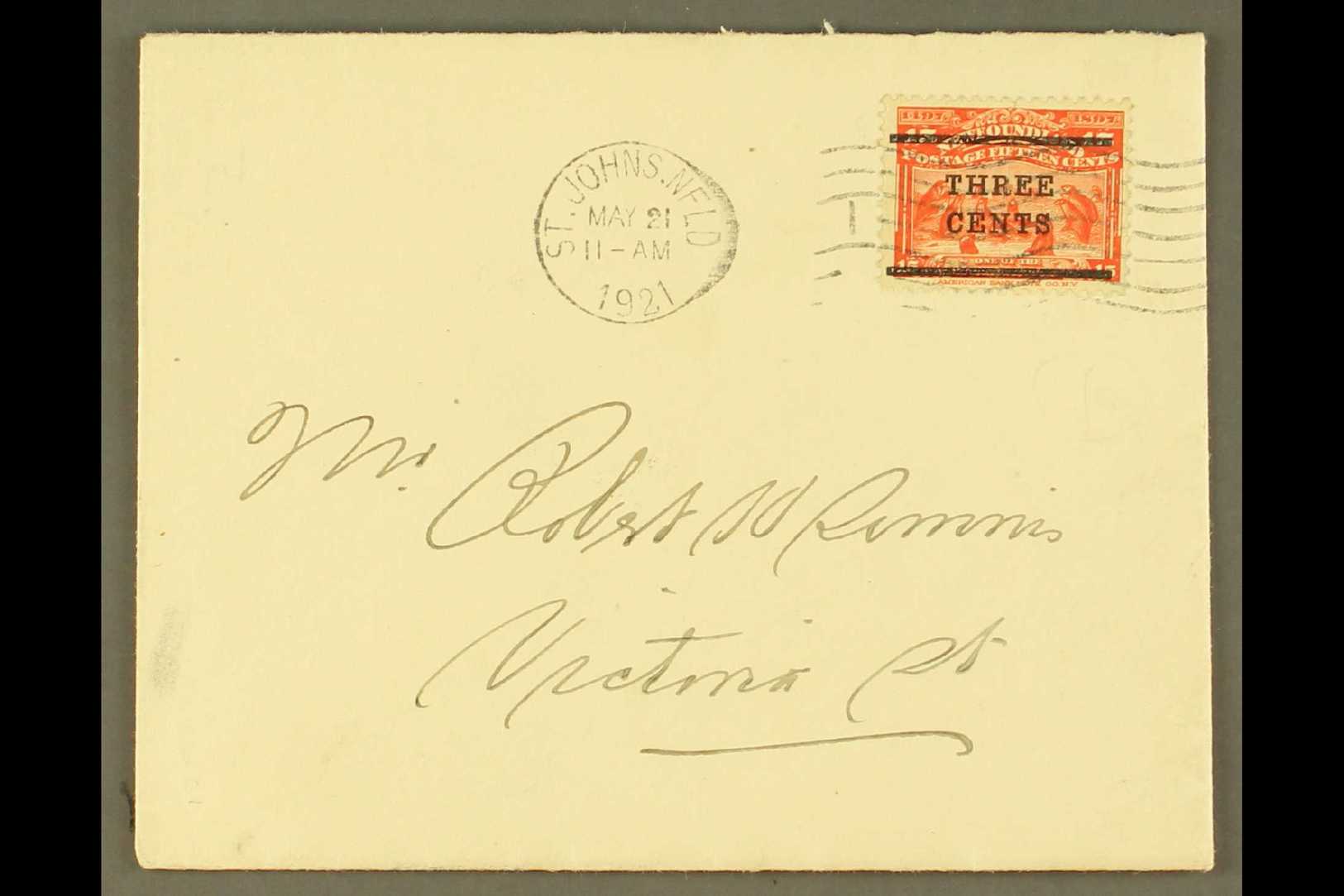 1920  3c On 15c Bright Scarlet, SG 146, On Neat Local Cover Tied St John's May 21st Machine Cancel, Late Use For This.   - Otros & Sin Clasificación