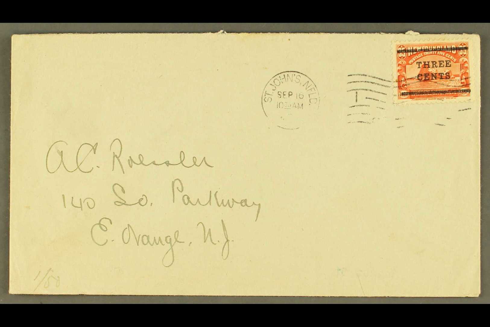 1920  3c On 35c Red, SG 147, On Neat Cover To USA, Tied St John's Sept. 16th Machine Cancel - The Second Day Of Issue.   - Autres & Non Classés