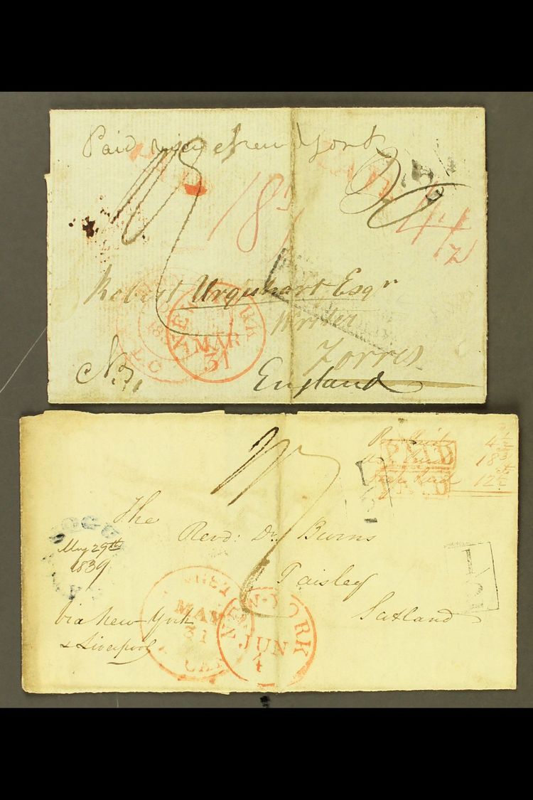 1837-1839 MAIL TO GREAT BRITAIN.  Two Part Entire Letters Addressed Via New York To London And To Scotland (with Two Sco - Autres & Non Classés