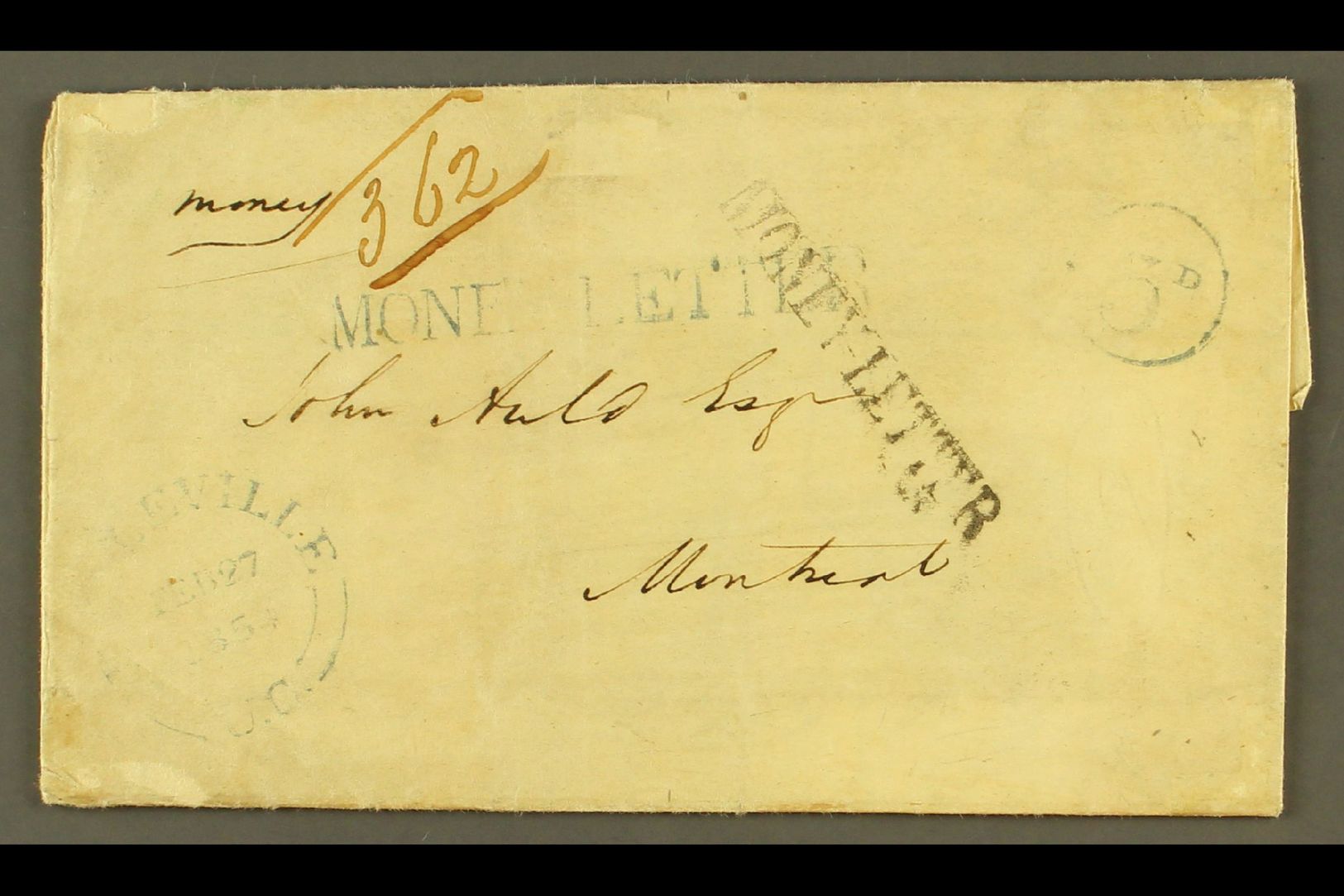 1854  (27 Feb) Stampless Entire Letter Endorsed "money" With "362" Number Alongside Plus Bearing Two (different Types) S - Otros & Sin Clasificación