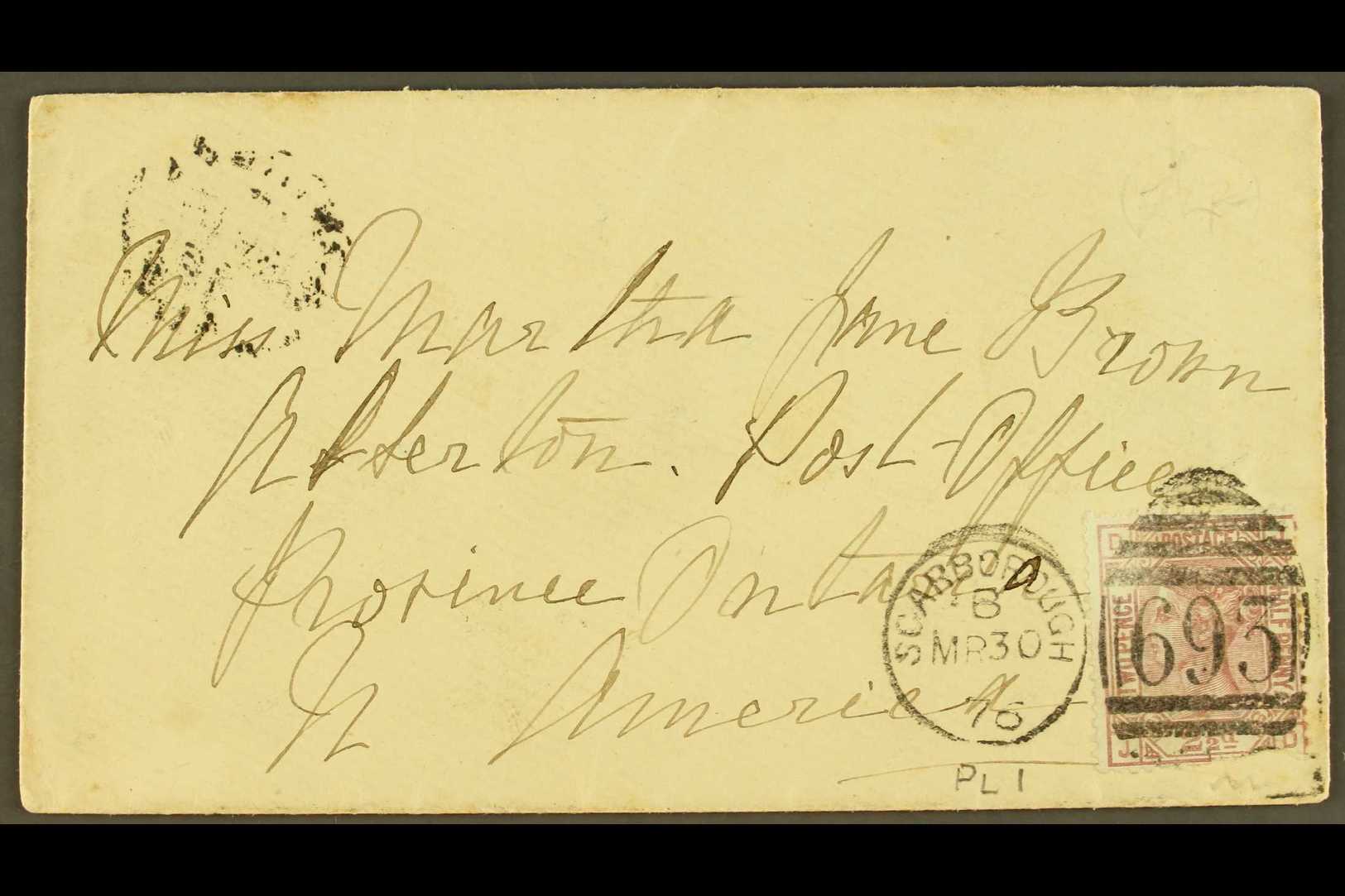 1876  (30 Mar) Env From Scarborough, England To Atherton PO, Ontario Bearing GB 2½d Rosy Mauve On Blued Paper (SG 138, C - Autres & Non Classés