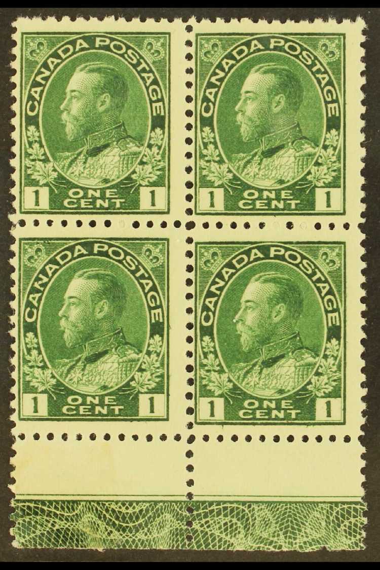1911-25  1c Green Admiral (Unitrade 104) With Type B LATHEWORK In The Lower Sheet Margin Of A Never Hinged Mint BLOCK OF - Autres & Non Classés