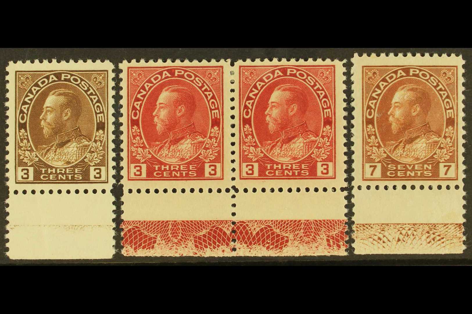 1915-24  Admirals With LATHEWORK TYPE D In Lower Sheet Margins, Three Items; The 3c Brown Never Hinged Mint With Crease, - Otros & Sin Clasificación