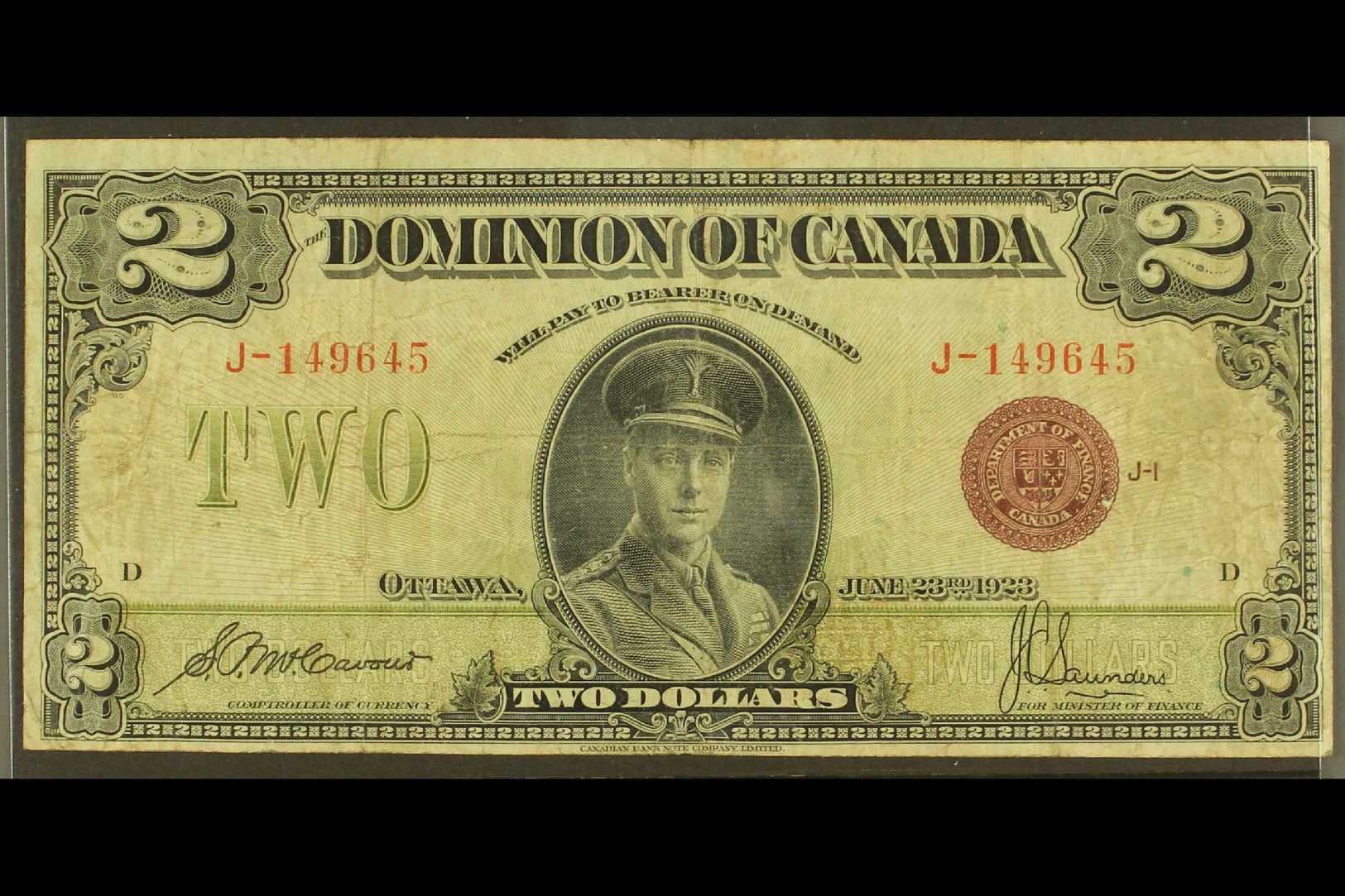 1923  $2 Black On Olive With Red Bronze And McCavour & Saunders Signatures Group 1 BANKNOTE, Pick 34e, Very Good Conditi - Autres & Non Classés